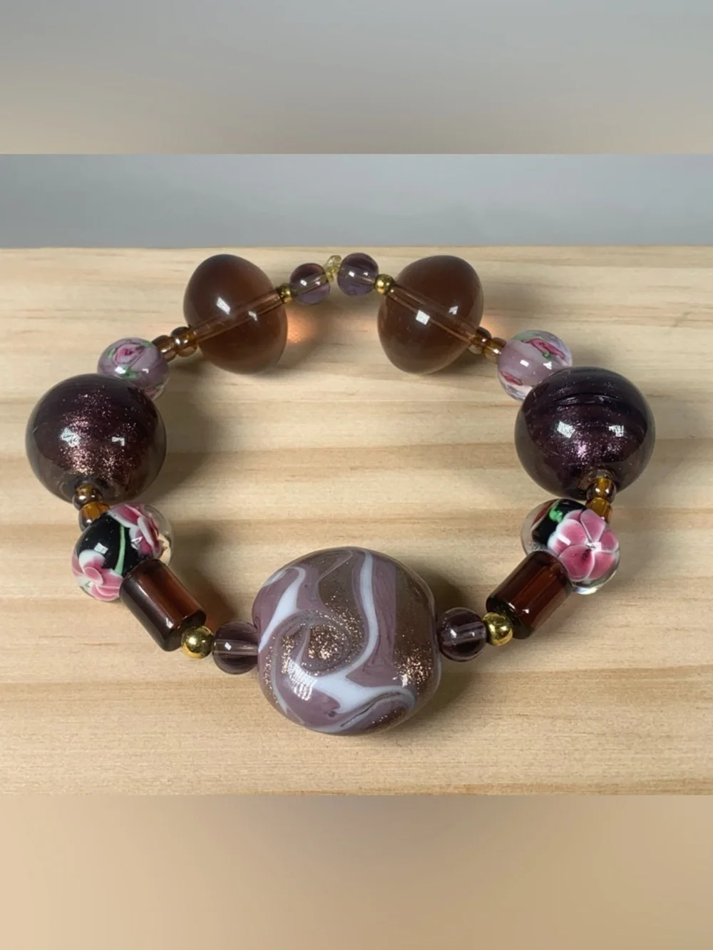 Vintage Purple Floral Murano Lampwork Glass Beaded Stretch Bracelet 7”